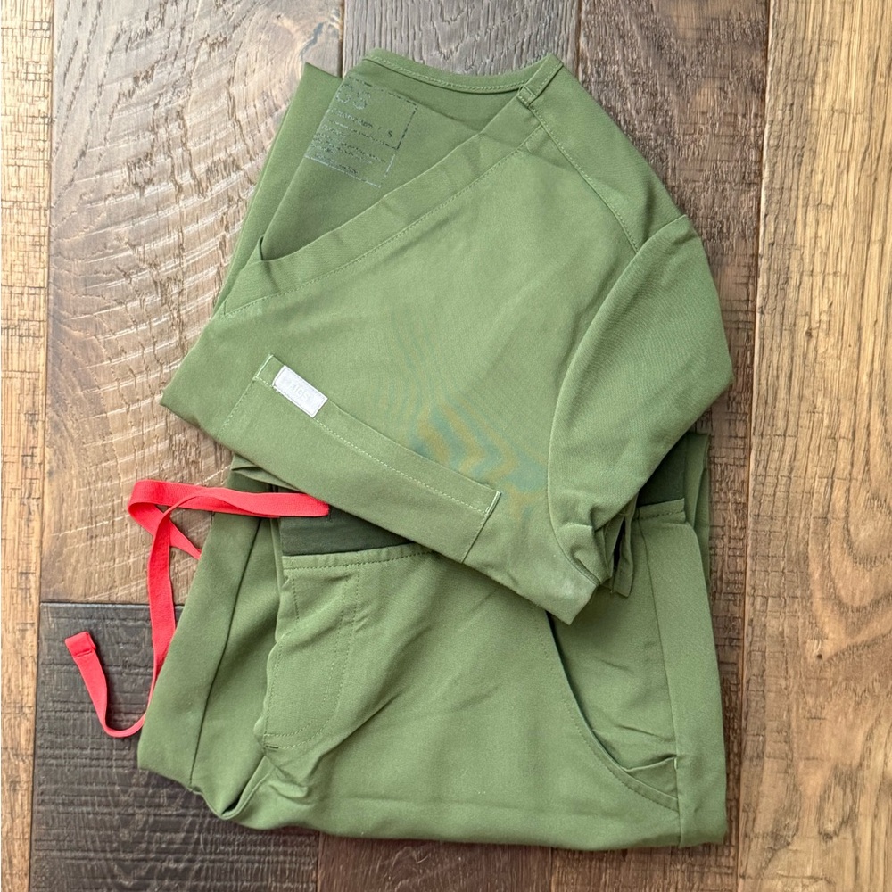 Olive Green Figs Scrub set with Red Tie